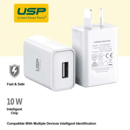 USP 10W USB-A Fast Wall Charger White - Intelligent Chip, Smart Charging, Output Voltage DC5V/3A, Output Current 2A max, Charge 