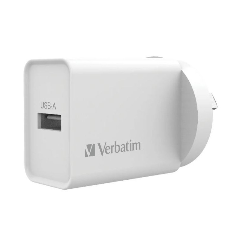 Verbatim USB Charger Single Port 2.4A - White Single Port Wall Charger Rohs, CE, Apple, Android, tablet, Handheld. OC, OV, SS, O