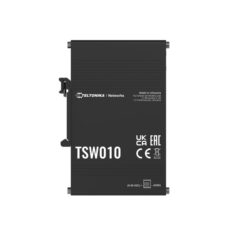 Teltonika TSW010 DIN Rail Ethernet Switch, 5x Ethernet Ports with speeds of up to 100 Mbps, Integrated DIN Rail Bracket, Plug an