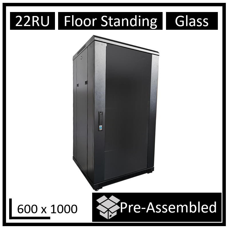 LDR Assembled 22U Server Rack Cabinet (L600mm x W1000mm x H1070mm), Glass Door,1x 8-Port PDU, 1x 4-Way Fan, 2x Fixed Shelves -Bl