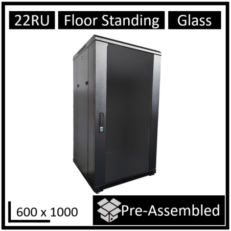 LDR Assembled 22U Server Rack Cabinet (L600mm x W1000mm x H1070mm), Glass Door,1x 8-Port PDU, 1x 4-Way Fan, 2x Fixed Shelves -Bl
