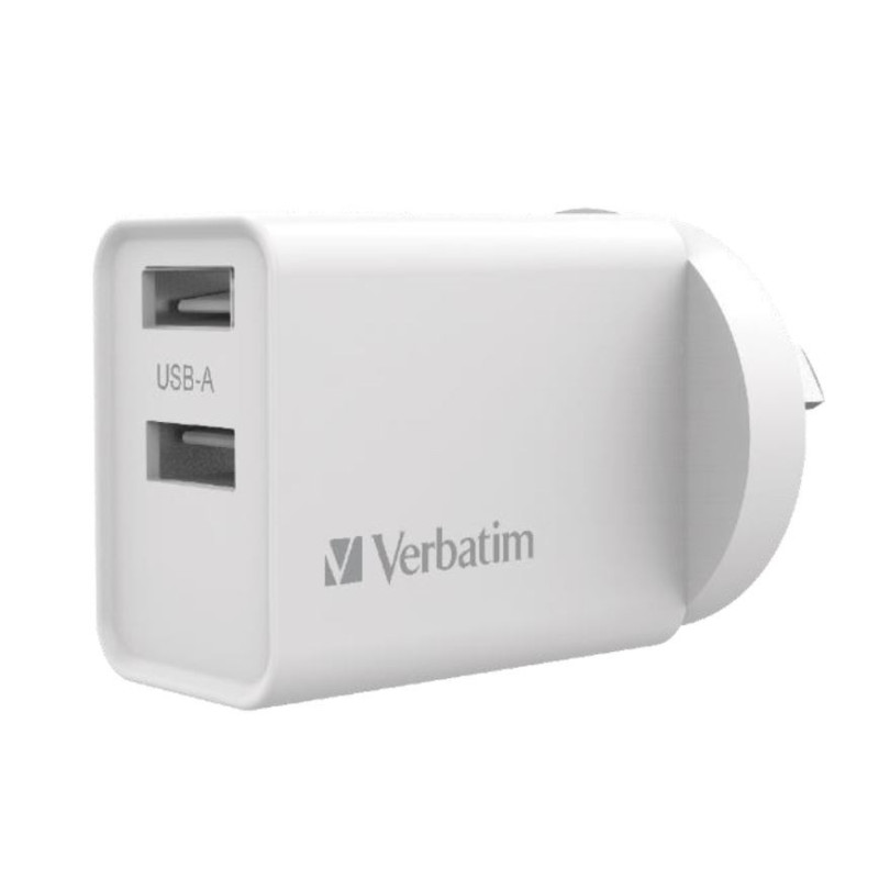 Verbatim USB Charger Dual Port 2.4A each Total 5v 3.4A White Wall Charger, Rohs, CE, Apple, Android, tablet, Handheld. OC, OV, S
