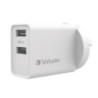 Verbatim USB Charger Dual Port 2.4A each Total 5v 3.4A White Wall Charger, Rohs, CE, Apple, Android, tablet, Handheld. OC, OV, S