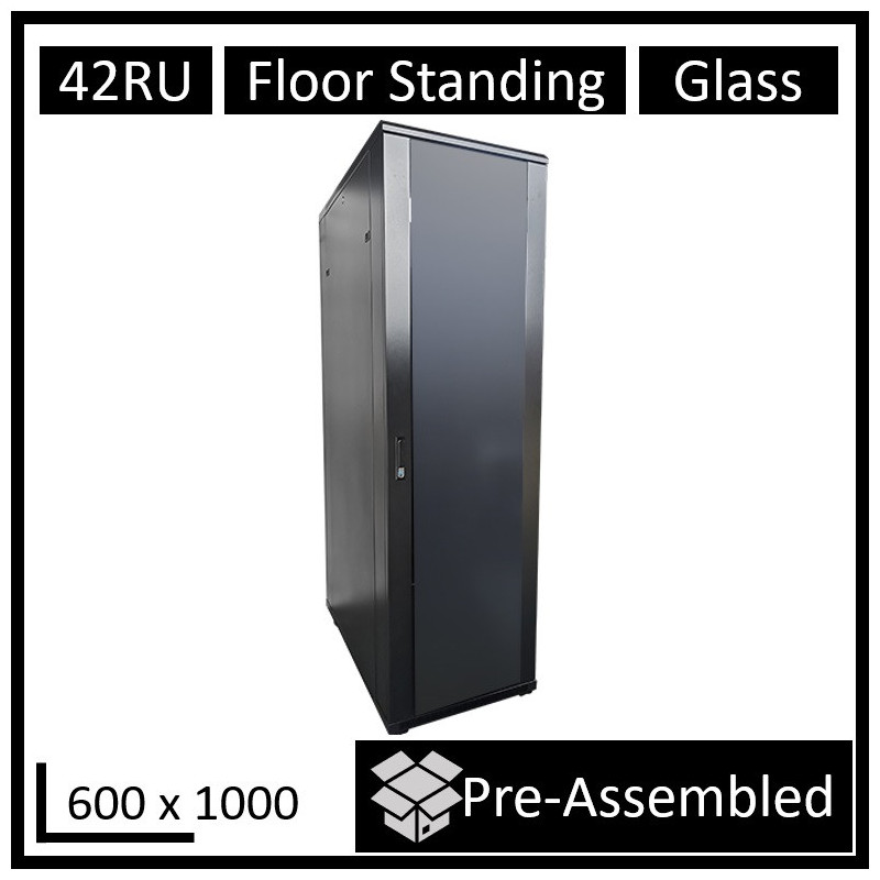 LDR Assembled 42U Server Rack Cabinet (600mm x 1000mm) Glass Door, 1x 8-Port PDU, 1x 4-Way Fan, 2x Fixed Shelves - Black Metal C