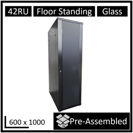 LDR Assembled 42U Server Rack Cabinet (600mm x 1000mm) Glass Door, 1x 8-Port PDU, 1x 4-Way Fan, 2x Fixed Shelves - Black Metal C