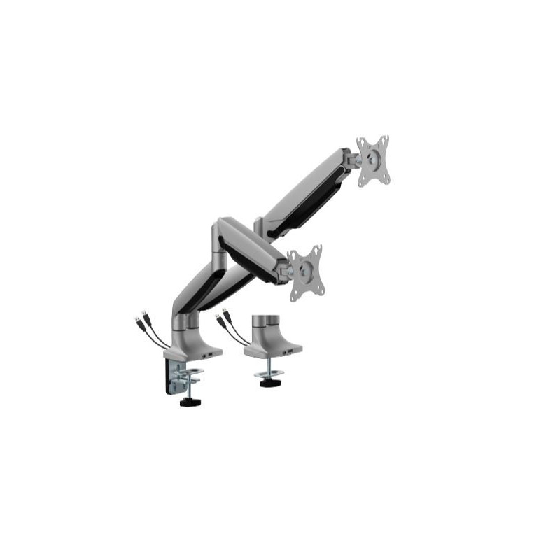 Brateck LDT82-C024UC DUAL SCREEN HEAVY-DUTY GAS SPRING MONITOR ARM WITH USB PORTS For most 17'~35' Monitors, Matte Silver (LS)