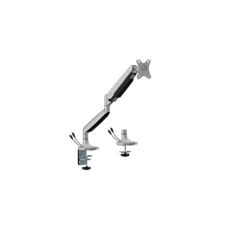 BrateckLDT82-C012UCE SINGLE SCREEN HEAVY-DUTY MECHANICAL SPRING MONITOR ARM WITH USB PORTS For most 17'~45' Monitors, Matte Silv