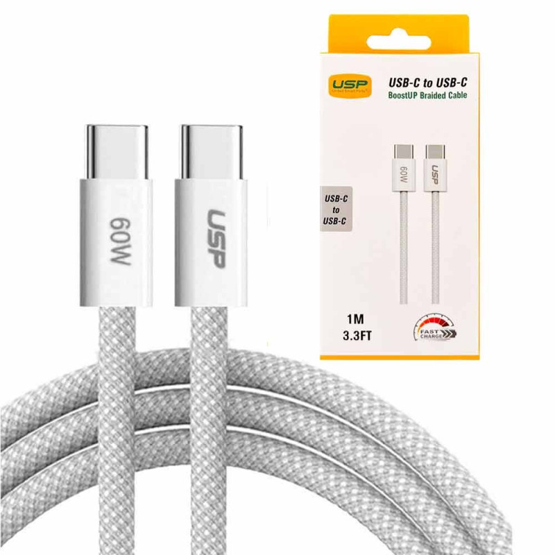 USP boostUp Braided USB-C to USB-C Cable (1M) - White, 3A/60W, 480Mbps, 40K+ Bends, Solid & Durable, Safe & Fast, Apple iPhone, 