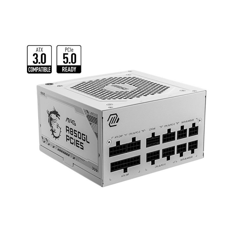 MSI MAG A850GL PCIE5 WHITE 850W Up to 90% (80 Plus Gold) ATX Power Supply Unit, PFC, 100~240 VAC, 850W, 47-63Hz, PCI-E, SATA, FD
