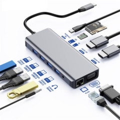 Astrotek USB-C Dock 12-in-1 Multiport Hub/Docking Station with 100W Power 2xHDMI 4K VGA GLAN 2xUSB3.0 2xUSB2.0 Card Reader for H