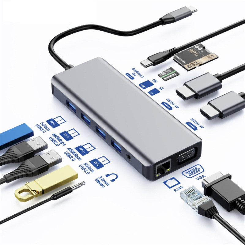 Astrotek USB-C Dock 12-in-1 Multiport Hub/Docking Station with 100W Power 2xHDMI 4K VGA GLAN 2xUSB3.0 2xUSB2.0 Card Reader for H
