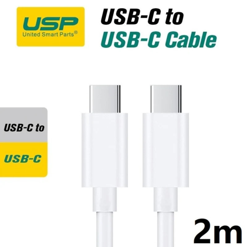 USP USB-C to USB-C Mini Cable (2M) - White, 3A (60W), Fast Charge, High Performance, Durable, 8K Bend, Samsung Galaxy,Apple iPho