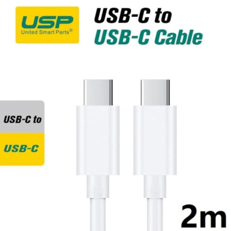 USP USB-C to USB-C Mini Cable (2M) - White, 3A (60W), Fast Charge, High Performance, Durable, 8K Bend, Samsung Galaxy,Apple iPho