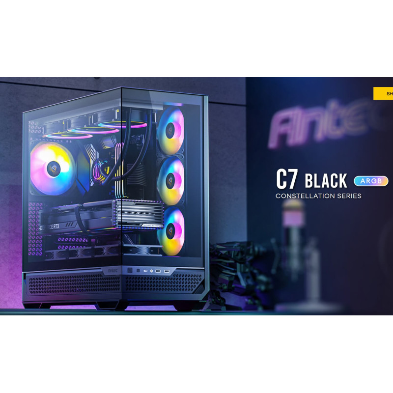 Antec C7-ARGB ATX,E-ATX Panoramic 270 View, USB-C, 4x ARGB PWM Fans. Side Radiator RTX 5090, 7900x, Back Connect MBs, Flip Door,