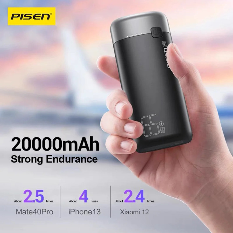 Pisen Pro 65W 20K (20000mAh) Laptop Power Bank (3 Port) + USB-C to USB-C Cable (50cm) - Black, 1x USB-C, 2x USB-A, LED Digital D