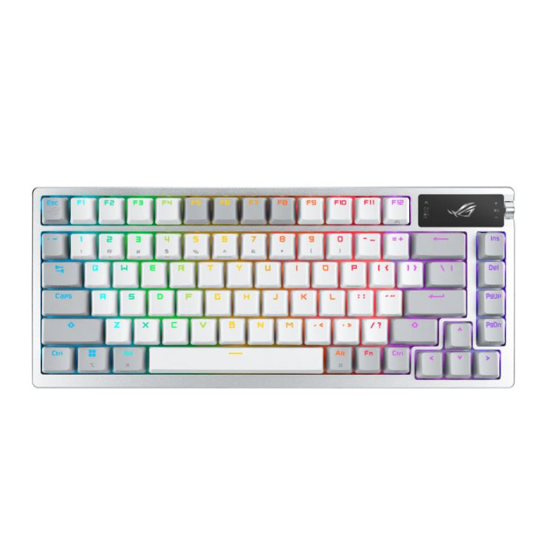 ASUS ROG AZOTH/NXSM/PBT/WHT Gaming Keyboard, OLED Display, NX Storm Switch, 75 Keys, Tri-mode Connection, White, Tactile Bump/Cl