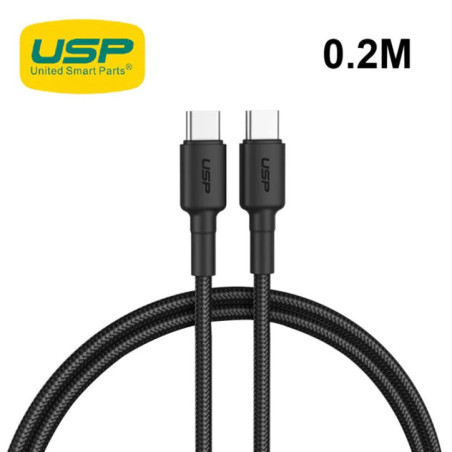 USP BoostUp Braided USB-C to USB-C Cable (20cm) Black-3A/60W, Fast & Safe Charge,Strong & Durable,Samsung Galaxy,Apple iPhone,iP