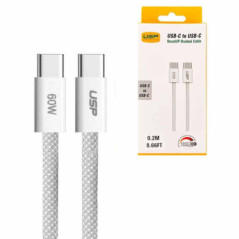 USP boostUp Braided USB-C to USB-C Cable (0.2M) - White, 3A/60W, 480Mbps, 40K+ Bends, Solid & Durable, Safe & Fast, Apple iPhone