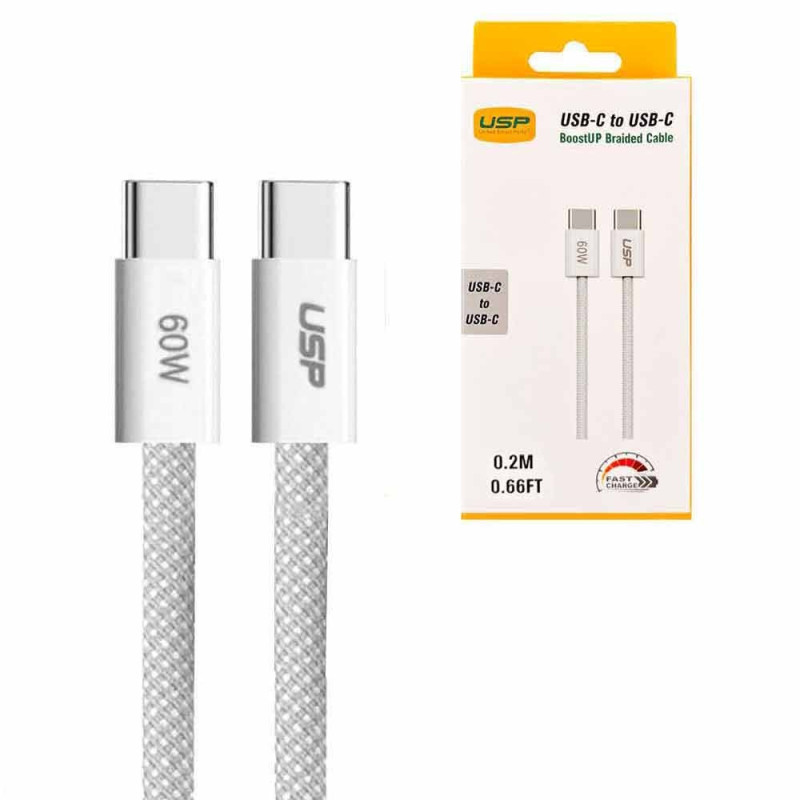 USP boostUp Braided USB-C to USB-C Cable (0.2M) - White, 3A/60W, 480Mbps, 40K+ Bends, Solid & Durable, Safe & Fast, Apple iPhone