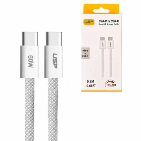 USP boostUp Braided USB-C to USB-C Cable (0.2M) - White, 3A/60W, 480Mbps, 40K+ Bends, Solid & Durable, Safe & Fast, Apple iPhone
