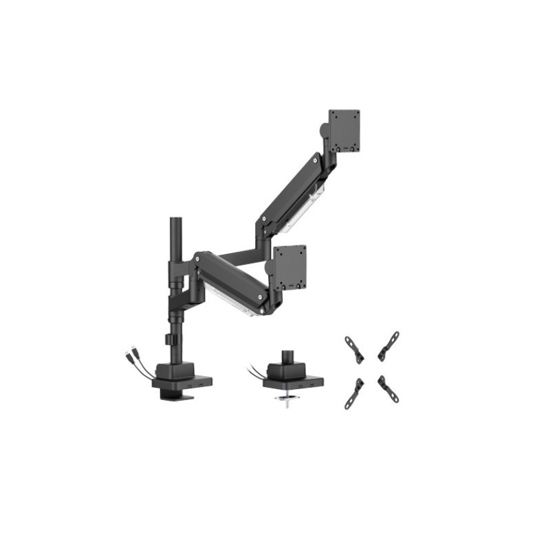 Brateck LDT80-C024UCP Matte Black Super Heavy-Duty Pole-Mounted Gas Spring Dual Monitor Arm with USB-A and USB-C Ports For most 