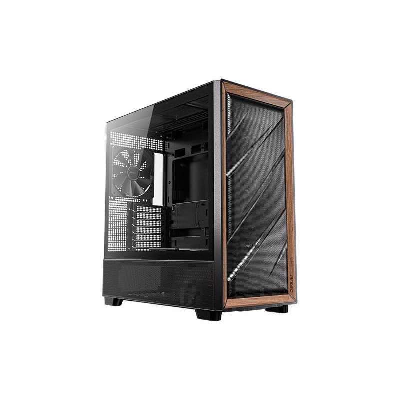 Antec Flux ATX, Black Premium Walnut Trim, 5x Black PWM Performance Fans. Ultra Cooling Design, ARGB Controller, Mid Tower Case