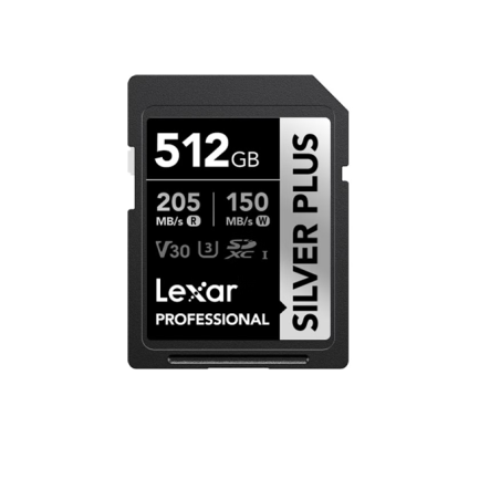 Lexar Professional SILVER PLUS 512GB SDXCâ¢ UHS-I Card  speeds of up to 205MB/s and 150MB/s and supports seamless recording of 