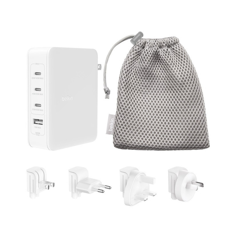 Belkin BoostCharge Pro 140W 4-Port GaN Wall Charger - White(WCH014BTWH-V3), 4 x USB-C, 2xUSB-C & 2xUSB-A,2M Cable,Intelligent An
