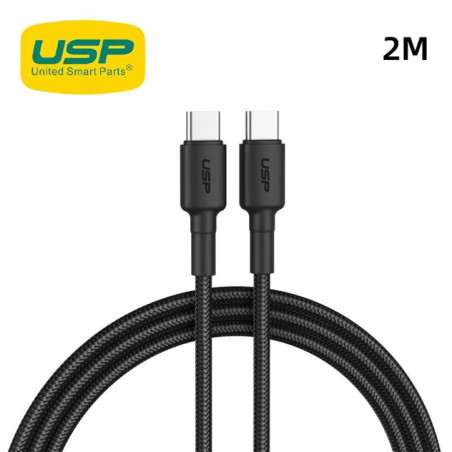 USP BoostUp Braided USB-C to USB-C Cable (2M) Black -3A/60W, Fast & Safe Charge,Strong & Durable,Samsung Galaxy,Apple iPhone,iPa