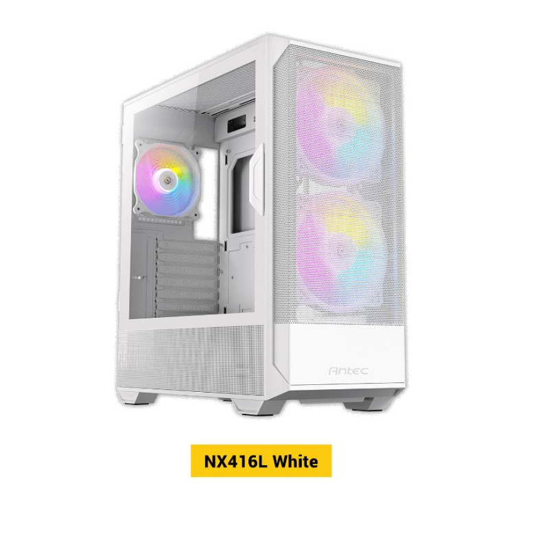 Antec NX416 Mesh White ATX. USB-C x1, USB 3.0 x. 2x ARGB 160mm + 1x ARGB 120mm Fans. LED & PWM Controller. SSD Storage, Cable Ro