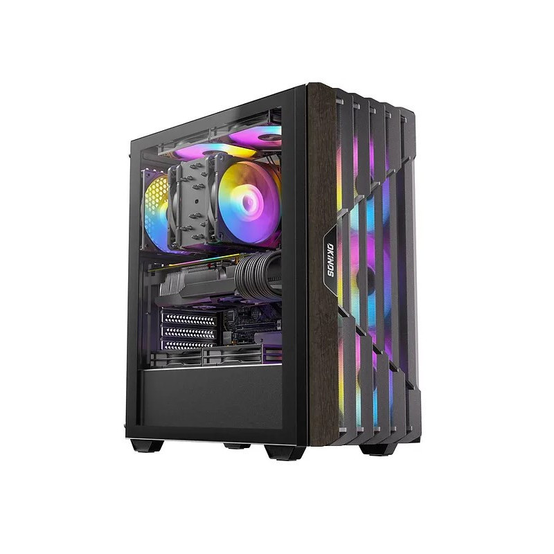 OKINOS Cypress P5 ARGB Oak Wood Trim ATX, 4x120mm ARGB Non-PWM Fans Pre-Installed,Type-C,Tempered Glass Side Panel,Black Mid-Tow