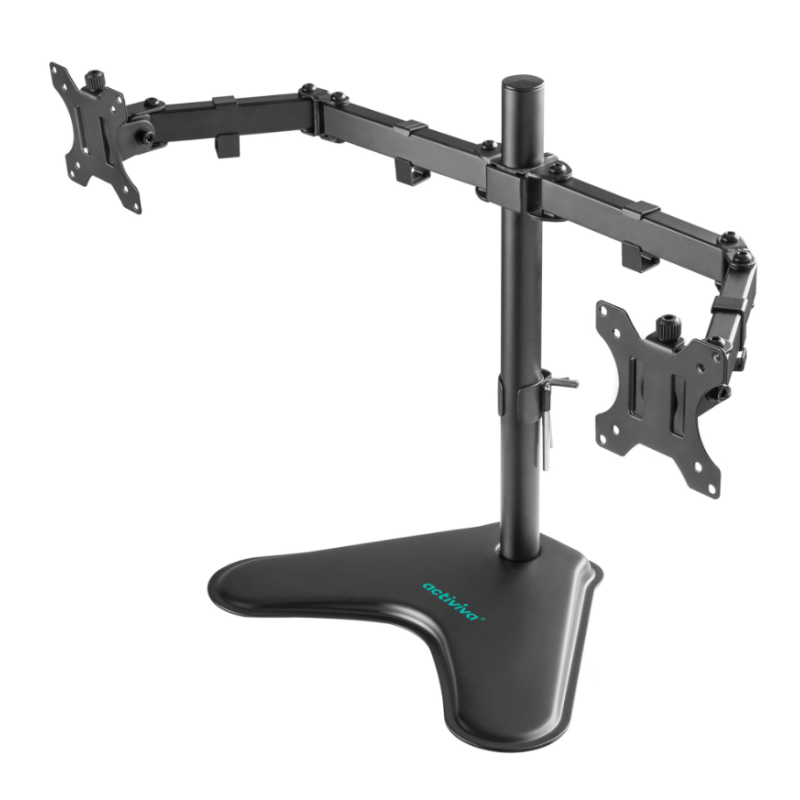 mbeatÂ® activiva Dual-Screen Articulating Monitor Arm with Free-Standing Desktop Base provides the perfect solution for ergonomi