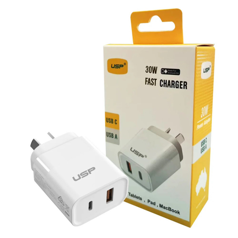 USP 30W Dual Ports (USB-C PD + USB-A QC3.0) Fast Wall Charger - Safe Charge,Compact, Travel Ready, Charge 2 Devices Simultaneous
