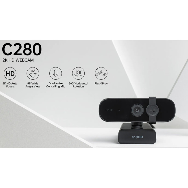 RAPOO C280 2K Webcam - Wide Angle Lens, Noise Canceling Mic, Plug & Play, Teams, Google Meet, Zoom, Does Not Support Windows Hel
