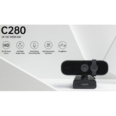 RAPOO C280 2K Webcam - Wide Angle Lens, Noise Canceling Mic, Plug & Play, Teams, Google Meet, Zoom, Does Not Support Windows Hel