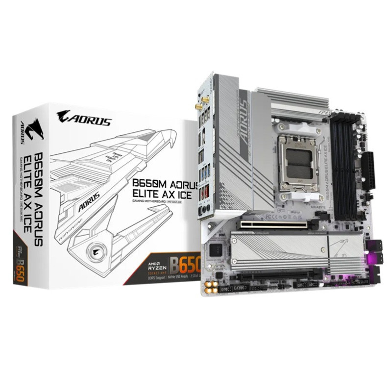 Gigabyte B650M AORUS ELITE AX ICE AMD B650 AM5 ATX Motherboard 4x DDR5~256GB,1x PCIe x16, 2x M.2, 4x SATA 6Gb/s, 2x USB 3.2, 1x 