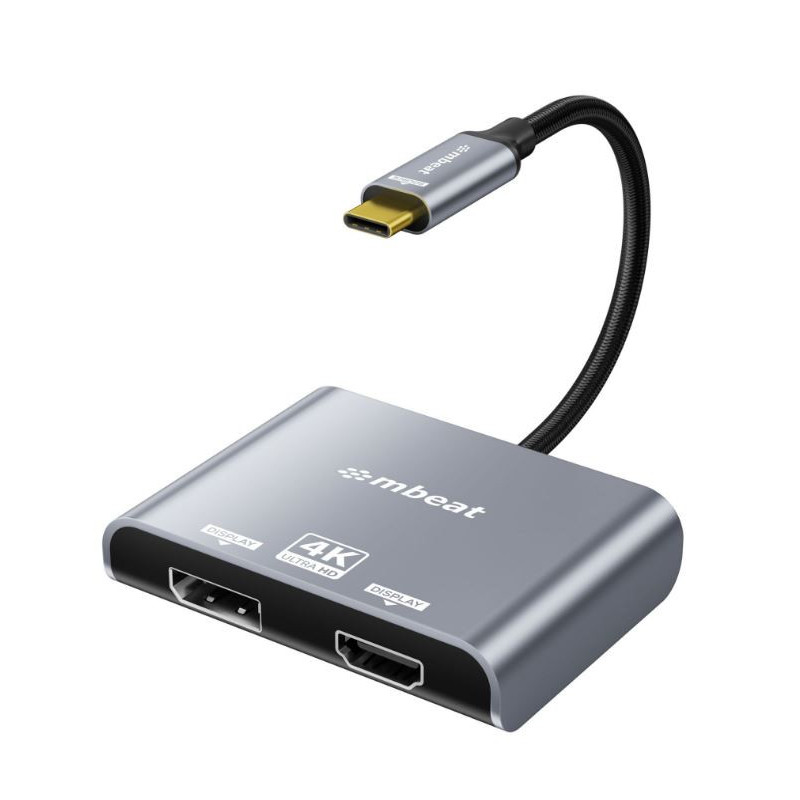 mbeatÂ® Tough Link USB-C to DP&HDMI Dual 4K/60Hz MST Adapter 4K (3840x2160) @ 60Hz, 4K (3840x2160) @ 30Hz, 2K (2560x1440) @ 60Hz