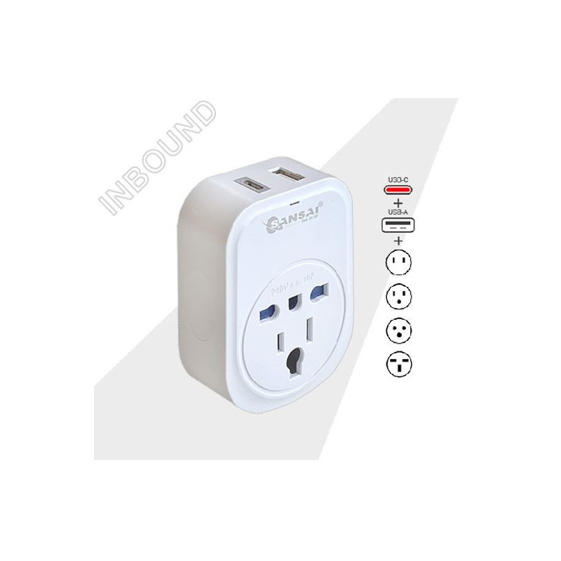 Sansai USB Travel Adaptor USB A + C 2xUSB Charging Outlets 100-240VAC 10A 2400W Compatible with plugs from many countries