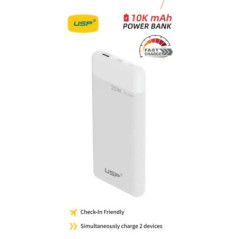 USP 10K mAh Power Bank White - 20W Fast Charge, 2 USB-Outputs, 1x USB-C, 1x USB-A, Indicator Light, Safer Charging, Large Compat