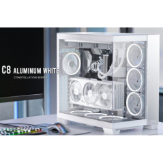 Antec C8 Aluminum White E-ATX Seamless Edge View Front and Side, USB-C, 4mm Tempered Glass, 360mm liquid cooler top, bottom, sid