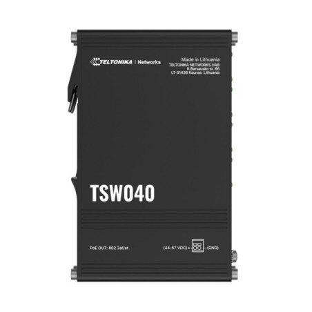 Teltonika TSW040 - 8-port PoE+ Switch (7-57 VDC, or 44-57 VDC for PoE-out) Integrated DIN Rail Bracket - 10/100 Mbps, supports a