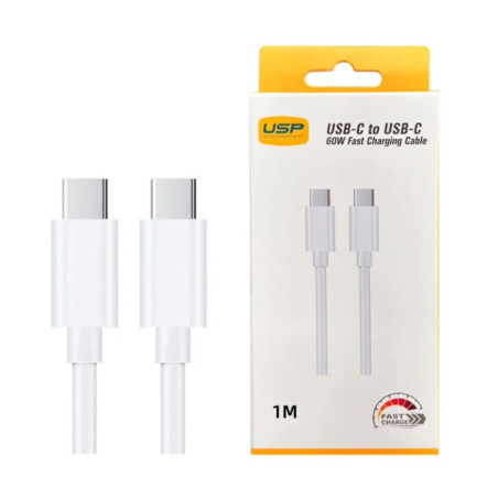 USP USB-C to USB-C 60W Mini Cable (1M) White - 3A , Fast Charge, High Performance, Durable, 8K Bend, Samsung Galaxy,Apple iPhone