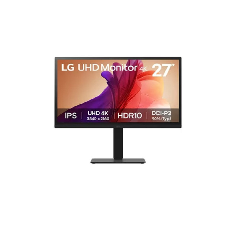 LG 27' IPS UHD 4K Monitor with 90% DCI-P3 and HDR10 support, 3840x2160, 300 nits, 5ms, Height/Pivot/Tilt/Swivel adjustable, 3-si