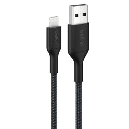 Belkin BoostCharge Pro Braided Lightning to USB-A Cable (2M) - Black (CAA020FQ2MBK), 2.4A/15W, 480Mbps, 350K Bends, MFI-Certifie