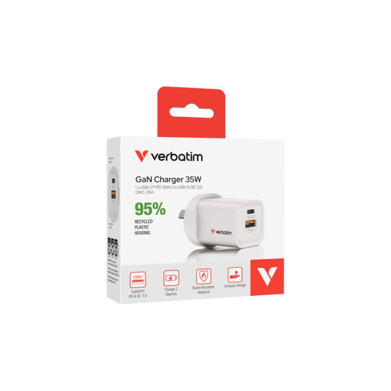 VERBATIM GAN CHARGER 2 PORT 35W USB A/C