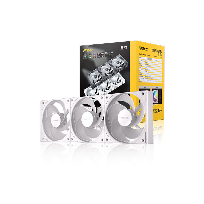 Antec Connect C120R Reverse White ARGB 3PK Performance 120mm PWM Fan: 4-pin PWM | LED: 3-pin  Vibration Absorbing and Anti-Noise