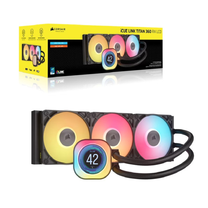 Corsair iCUE LINK TITAN 360 RX LCD Liquid CPU Cooler - Black: 73.5 CFM, 2100 RPM, 36 dBA, Aluminum Radiator, Copper Cold Plate, 