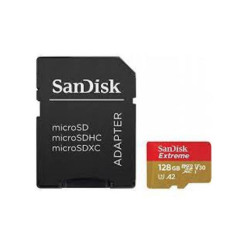 SanDisk Extreme microSDXC, SQXAA 128GB, V30, U3, C10, A2, UHS-I, 190MB/s R, 90MB/s W, 4x6, SD adaptor, Lifetime Limited, Action 