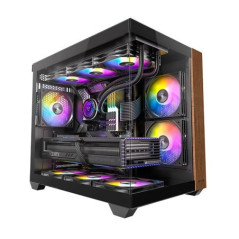 OKINOS M6 ARGB ATX Genuine Walnut Wood, Panoramic View, Type-C, 4 x120mm ARGB & PWM Fans included,Tempered Glass Side Panel, Bla
