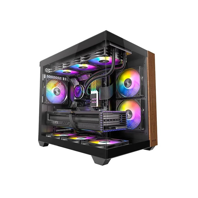 OKINOS M6 ARGB ATX Genuine Walnut Wood, Panoramic View, Type-C, 4 x120mm ARGB & PWM Fans included,Tempered Glass Side Panel, Bla